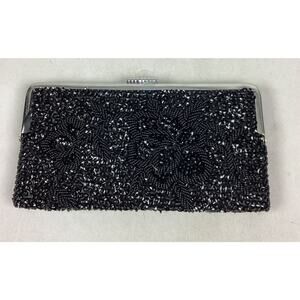 Vintage Black Beaded Fold Over Clutch Satin Beaded Side - 8”Lx4.25”H